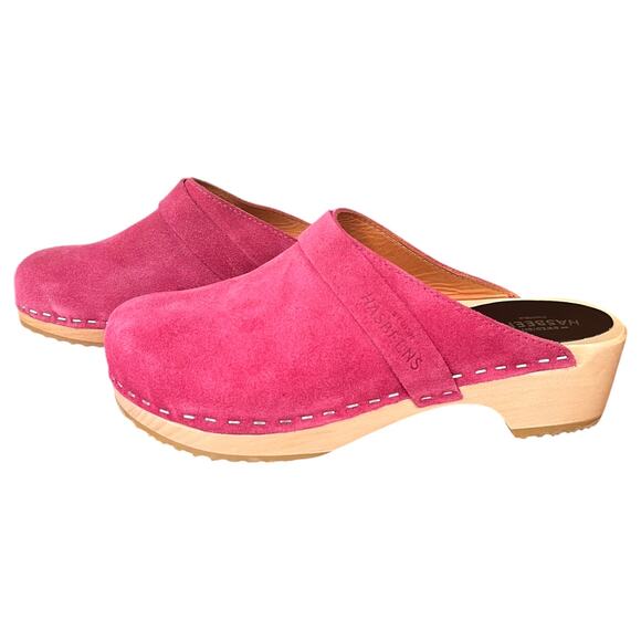 NEW Swedish Hasbeens Hot Pink Suede Wooden Clog Women's Size 6 EU 36 - Picture 1 of 8